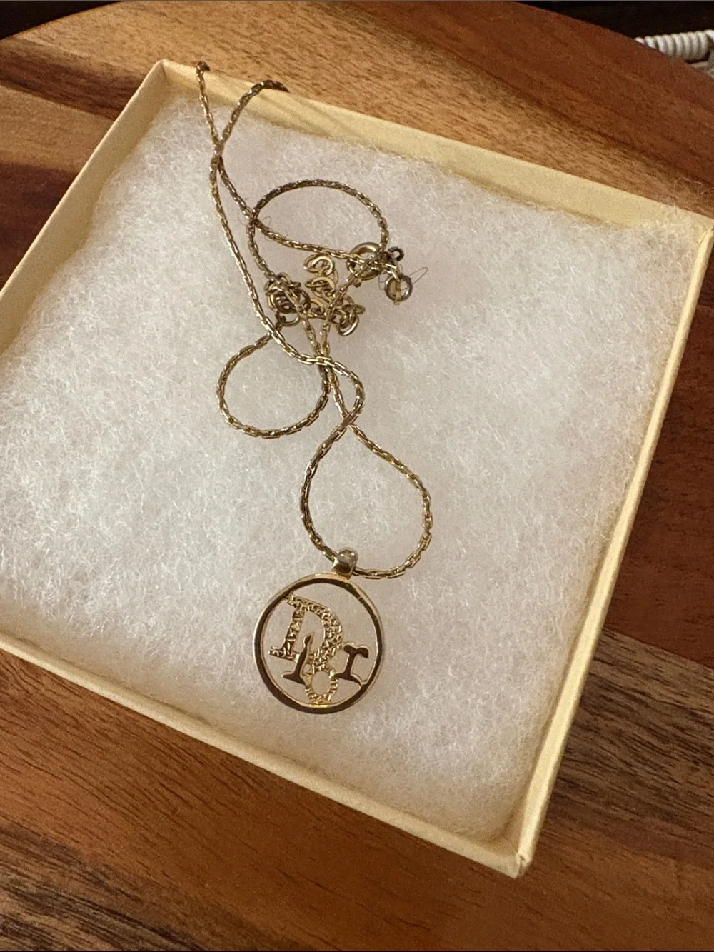 Dior Gold Round Pendant Necklace with Script Letter
